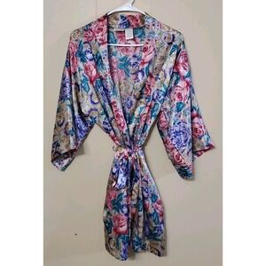 ADONNA Womens Size Medium Robe Vintage Satin Kimono Belted Floral Pink‎ Roses